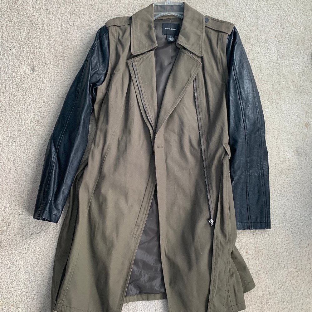 DNKY Camouflage Green Cloth and Black Leather Sleeves Coat
